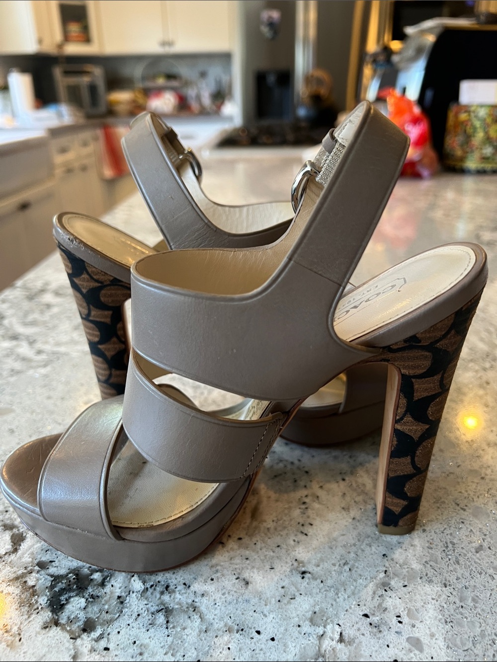 COACH Bertta Taupe Leather Monogram Platform Sandals Size 5.5 B Like New - Picture 8 of 11